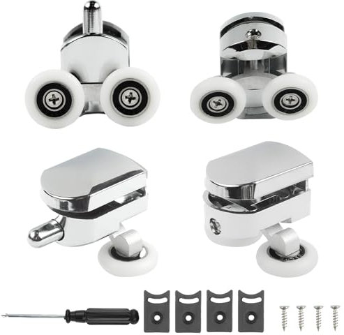 4Pcs Roulettes de Porte de Douche en Verre, 23mm Poulie de Fixation de Porte de Salle de Bain, Roues Jumelles de Remplacement de Douche avec Bloc Vis Tournevis pour Diamètre 10mm en Portes Verre Trou