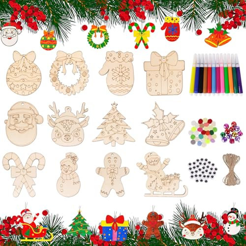 GADITIEK Decoration Noël Sapin Bois, 12Pcs Ornements en Bois de Noël pour activité Manuelle, Pendentif de Noël en Bois pour Kit Bricolage Enfant Activité, Atelier Creatif Enfant pour Thème de Noël