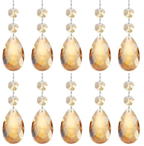 PATIKIL Teardrop Crystal Chandelier Pendants Beads, 10 Pack 85mm Length 38mm Chandelier Prisms Parts Ornaments Hanging Beads for DIY Arts Crafts Decoration, Gold Champagne
