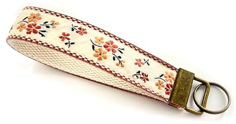 CELOKIY Floral Embroidered Fabric Wristlet Keychain, Vintage Style Wrist Key Chain for Women with Brass Hardware