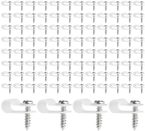 Batheidon 100 Pezzi 1/4 Pollice(6.4mm) R-tipo Cavo Clip Fascetta, Clip Fermacavi Contiene 100 viti, Fermacavi Muro, Morsetti per Cavi in Nylon Tipo R, Per la Gestione dei Fili, Clip Fermacavi