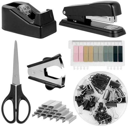 Bürobedarf, Schreibtischzubehör, Hefter und Klebebandabroller-Set mit großem Hefter, Klebebandspender, Heftklammerentferner, Heftklammern, Clips, Schere und Tabs, schwarz
