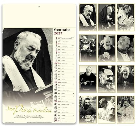 Wandkalender 2026 Padre PIO San Pio Monatsansicht 12 Blatt beidseitig beschichtetes Papier internationale Feiertage Heilige und Monde Modell Niederländisch (verstärktes Kopf)