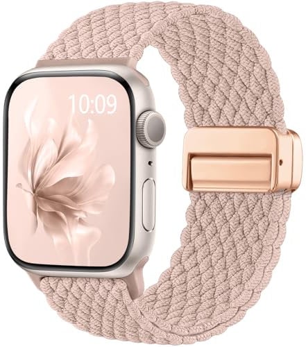 Easuny Braided Strap Compatible with Apple Watch Straps 42mm 40mm 41mm 38mm Women Men - Magnetic Stretchy Elastic Nylon Band for iWatch Strap Series 10 SE 9 8 7 6 5 4 3 2 1 - Pink