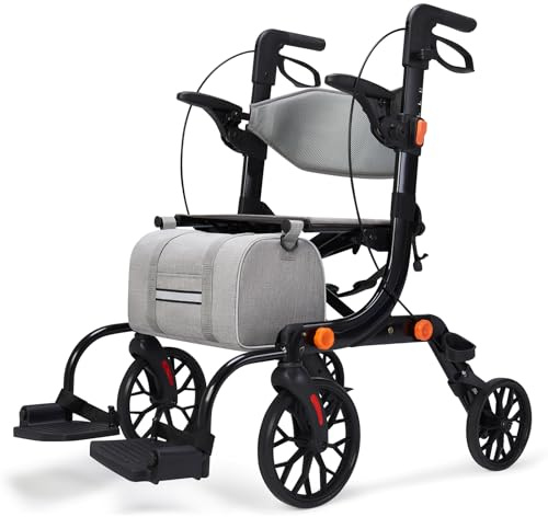 2-in-1 Rollstuhl-Rollator faltbar und leicht mit Sitz, klappbarer Rollstuhl für Senioren, Aluminium-Gehhilfe Transportstuhl, höhenverstellbar für Innen- und Außenbereich mit Bremsen