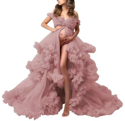 KIYNE Robe de maternité pour femme - Épaules dénudées - Tulle - Robe de grossesse pour fête prénatale, vieux rose, 38
