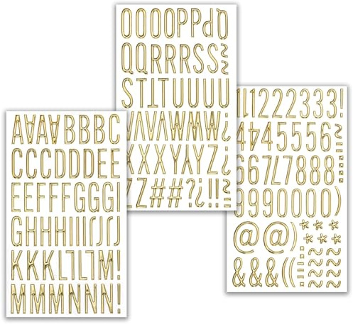 Buchstaben und Zahlen Sticker, 3 Blatt Buchstaben Zahlen Aufkleber Gold, Alphabet Aufkleber 1 Zoll, Zahlen Sticker 0-9 für DIY Scrapbooking, GrußKarten, Notizbuch Dekoration (A)