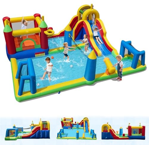 GOPLUS Château Gonflable Exterieur, Toboggan Aquatique Enfants avec Mur Escalade, Piscine à Éclaboussures, Canon à Eau, Filet de Volleyball, Buts de Football et Sac de Boxe,Charge 90KG (6 en 1)