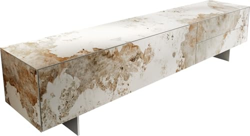 DELIFE TV-Board Cuor Keramik Minas Melange Weiß-Beige 220 cm 1 Klappe 2 Schubfächer Fuß Schwebeoptik Edelstahl Lowboard