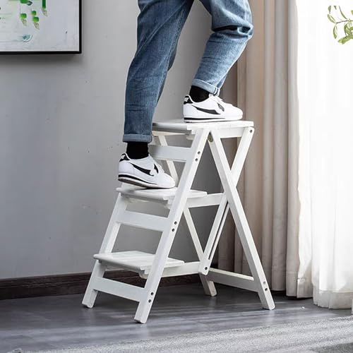 Escabeau Pliant en Bois, Tabouret-échelle Portable à 3 marches, escabeau Multifonction, étagère de bibliothèque, Tabouret Haut de Cuisine, Blanc