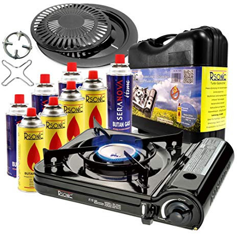 RSonic Portable Turbo Campingkocher 2,9 KW Slim Gaskocher mit 8 Gaskartuschen + Grillplatte Grillaufsatz + Phönix PH-K01 Gasherdkreuz 12x12 cm + Flaschenöffner + Koffer (Farbe nach Verfügbarkeit)