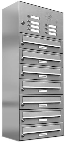 AL Briefkastensysteme 7er Briefkastenanlage mit Klingel, V2A Edelstahl, Premium Briefkasten DIN A4, 7 Fach Postkasten modern Aufputz
