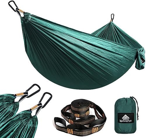 NATUREFUN Ultraleichte Reise Camping Hängematte | 300kg Tragkraft (275 x 140 cm) Atmungsaktiv, Schnelltrocknendes Fallschirm Nylon | 2 x Premium Karabiner,2 x Schlingen| Drinnen Draußen Garten