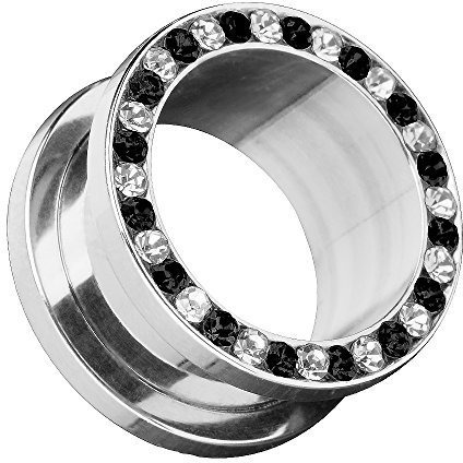 Piersando Flesh Tunnel Ohr Piercing Plug Ohrpiercing Schmuck Schraub aus Edelstahl Tribal mit Zirkonia Kristall Steinen Silber 12mm Clear Schwarz