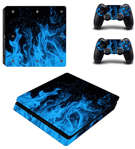 DOTBUY PS4 Slim Skin Aufkleber Sticker Design Folie schützende Haut Schale für Sony Playstation 4 Slim Konsole und 2 Dualshock Controller (Blue Fire)