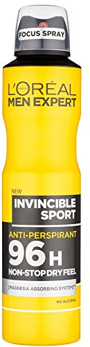 L'Oréal Men Expert Invincible Sport Deodorant Spray, Anti-Perspirant with Magnesia, Helps Reduce Wetness for 96 Hours, For Intense Activity, Fresh Woody Fragrance, 250ml