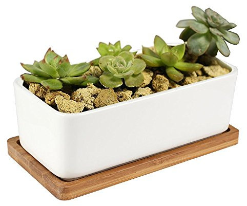 Y&M(TM) Ceramic Flower Pots, Decorative Mini White Rectangular Sucuulent Flower Pot/Cactus Plant Pot with Bamboo Tray