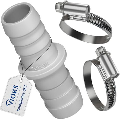VIOKS Ablauchschlauchverbinder Waschmaschinenanschluss Adapter 19/19mmØ mit 2x Schlauchschellen Edelstahl 18-28 mm - Waschmaschinen Abfluss Anschluss Adapter mit Schlauchschellen Set