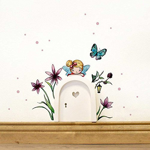 Elfentür mit Wandtattoo kleine Elfe Fee mit Blumen Schmetterling und Punkte e08 *rosa*