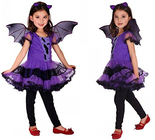 LadyMYP Halloween Cosplay Karneval Fasching verkleiden Kostüme Lila Batgirl mit Fledermausflügel und Bat Ohrstirnband (116/122 ; (XL))