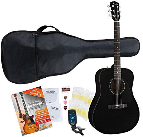 Fender CD-60 BK Set Westerngitarre (mit Tasche, Clip-Tuner, Gitarrenschule mit CD & DVD, Saiten und Plektren) Schwarz