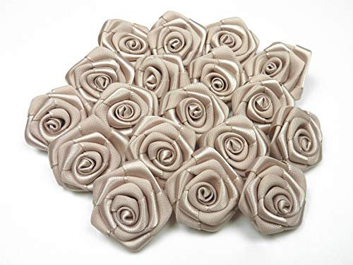 Rosen 3 cm x 10 Stück Satinrosen Aufnäher Deko Blumen Röschen zum Basteln Hochzeit kleine Rosenköpfe Farbe: Taupe 823