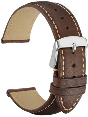 WOCCI 19mm Vintage Leather Watch Strap with Silver Buckle, Replacement Band (Dark Brown/Contrasting Stitch)