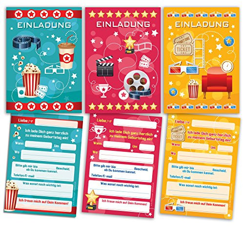 JuNa-Experten 9 Einladungskarten Kindergeburtstag Mädchen Jungen Kino Jungs Geburtstagseinladungen Einladungen Geburtstags Party Kartenset (3 x blau, 3 x pink, 3 x gelb)