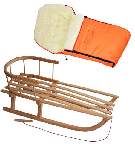 BAMBINIWELT Kombi-Angebot Holz-Schlitten mit Rückenlehne & Zugseil + universaler Winterfußsack (90cm), auch geeignet für Babyschale, Kinderwagen, Buggy, aus Wolle Uni (Orange)