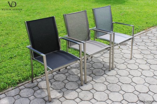 VEIKIN DESIGN Edelstahl Gartenstuhl Nizza | Farbe grau | Original Batyline® Bespannung | Stapelstuhl, Stapelsessel, Armlehnenstuhl, Gartensessel | Premium Qualität Made in Germany - 100% Handarbeit