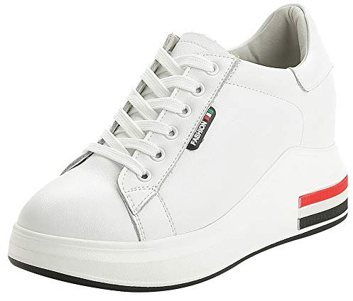 ANUFER Mujer Zapatillas Plataforma Alta Tacón de Cuña Oculto con Cordones Moda Zapatos Deportivos Blanco SN020331 EU36