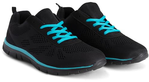 Get Fit Men’s Lightweight Cushioned Trainers - Breathable Mesh Gym Running Shoes - Comfortable Lace-Up Athletic Sneakers, Shock-Absorbing Non-Slip Sole - Black/Turquoise - 11