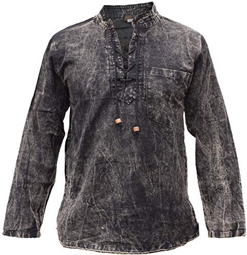 Gheri Mens Hemp Cotton Lace Up V Neck Grandad Shirt Stone Washed Black XXX-Large