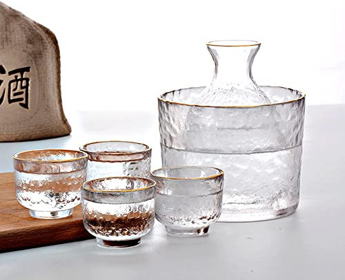 Ensemble de pot à saké, verres à saké japonais, transparent, design flottant unique, 1 carafe à saké, 1 réservoir à saké et 4 tasses à saké pour saké froid/chaud/chaud