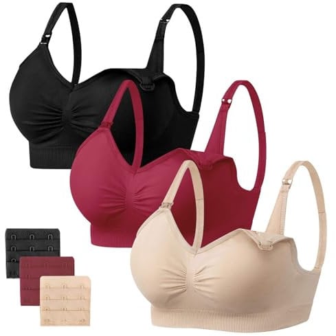 HBselect 3 Pack Women’s Nursing Bra Wireless Seamless Maternity Bra Breastfeeding Bras Bralette with Removable Bra Pads Extenders (XL, Black+Beige+Wine Red)