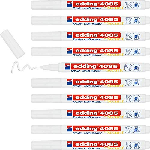 edding 4085 Kreidemarker - weiß - 10 Kreidestifte - Rundspitze 1-2 mm - dünner Kreidestift für Tafel abwischbar - zum Beschriften von Fenster, Glas, Spiegel - Tafelstift mit deckenden Farben