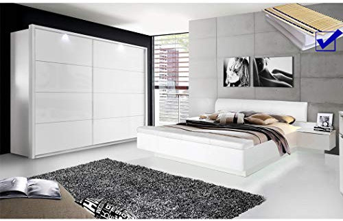 expendio Schlafzimmer Sophie 20D weiß teilweise Hochglanz Doppelbett mit 2X Nako Lattenrost Matratze Schwebetürenschrank mit Beleuchtung
