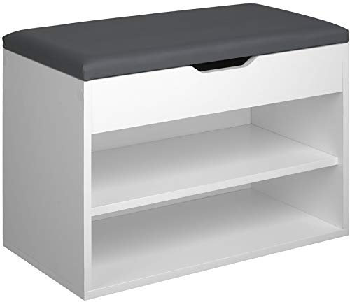 TecTake 800843 Scarpiera Compatta, Scaffale per Scarpe, 2x Ripiani Aperti, 1x Ripiano Apribile, Comoda Imbottitura per la Seduta, Panchina Universale (Bianco)