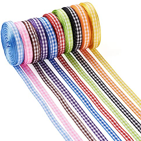 Pandahall 10 Rollen Polyester-Gingham-Band, 0,6 cm x 9,9 m, kariertes Band, 10 Farben, Schottenmuster, Gittermuster, Spitze, für Handarbeit, Geschenkverpackung, DIY-Haarschleife, Zubehör