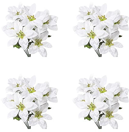 JFBUCF Künstliche Weihnachtssternsträucher, 7 Köpfe, Seide, Weihnachtsstern, Blumenstrauß, Weihnachtsstrauß, Urlaub, Zuhause, Büro, Dekoration, Weiß, 4 Stück