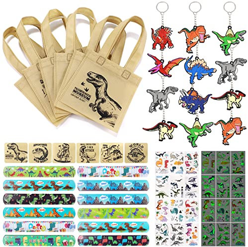 Tacobear Dinosaurier Party Mitgebsel Kindergeburtstag Junge Mädchen Dino Give Aways Gastgeschenke mit Partytüten Schnapparmband Schlüsselanhänger Aufkleber Dinosaurier Mitbringsel Pinata Füllung
