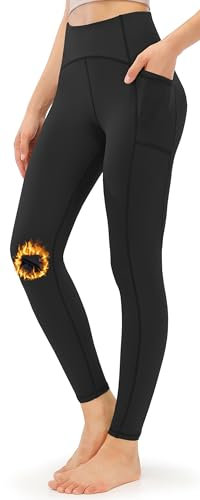 JOYSPELS Womens Fleece Lined Thermal Leggings with Pockets High Waisted Winter Warm Yoga Pants Gym Workout Fitness Running Thick Spandex Pants Black L