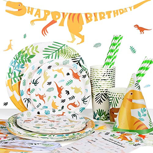 MOOKLIN ROAM 114-teiliges Dinosaurier Party Table Set, Kindergeburtstag Party Zubehör Party Dekorationen Set Geschirr Pappbecher Teller Servietten Papiertrinkhalme für 16 Kinder