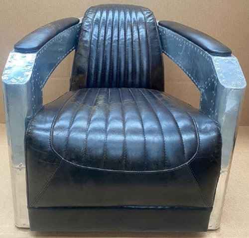 Casa Padrino Luxus Art Deco Leder Sessel Dunkelbraun/Silber - Aluminium Wohnzimmer Sessel mit Echtleder - Lounge Sessel - Flugzeug Flieger Echtleder Möbel