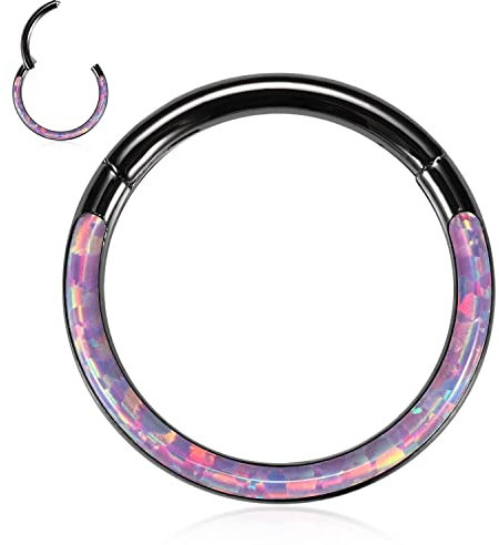 AROWRO 16G Septum Ring Septum Schmuck 10mm Daith Ohrringe Septum Clicker Nasenringe Helix Daith Septum Conch Piercing Schmuck Chirurgenstahl Lila Opal Intarsien Schwarz