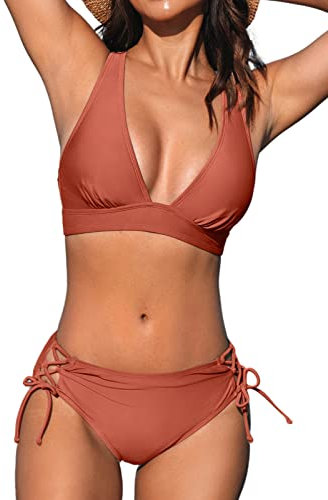 CUPSHE Damen Bikini Set V Ausschnitt Lace Up Bikini Bademode Crossback Low Waist Zweiteiliger Badeanzug Swimsuit Deep Coral Red XL