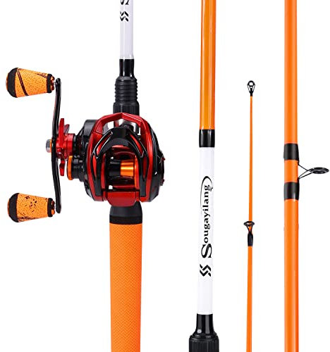 Sougayilang Angelruten- und Rollen-Kombination, mittlere Angelrute mit Wurfrolle, Baitcaster-Kombination, SuperPolymer-Griff, Orange, 1,8 m mit linkem Griff