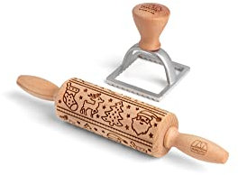 Marcato Kit Preparazione Biscotti, Mattarello decorativo + Stampo per Biscotti Rotondo da 80 mm + Ricettario di Natale, Made in Italy. Modello: Natale Rosso, Linea Premium.