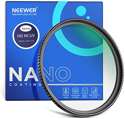 NEEWER Filtro UV de 55mm Protección UV Ultradelgada Filtro de Lente de Cámara de 55mm con Vidrio Optico HD Templado de Alta Dureza 9H/Marco de Aleación de Aluminio /30 Capas Nano Recubiertas