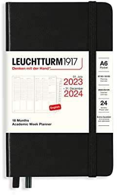 LEUCHTTURM1917 367559 Akademischer Wochenplaner Pocket (A6) 2024, 18 Monate, Black, Englisch
